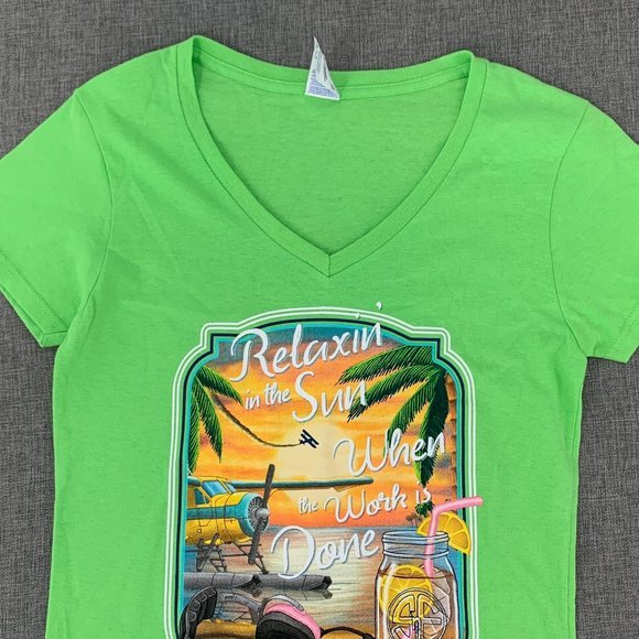 Gildan Heavy Cotton Neon Green Graphic T-Shirt Small V-Neck "Relaxin in the Sun - Picture 4 of 13